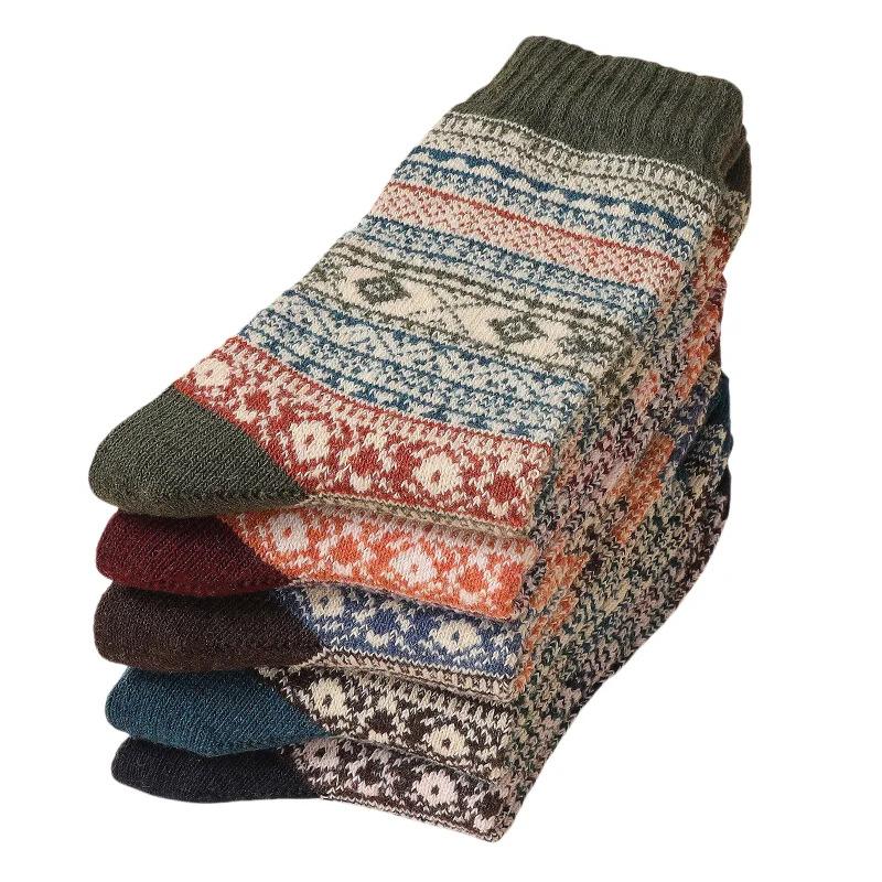 5pairs Unisex Ethnic Style Vintage Thick Wool Warm Crew Men Socks Soft Ultra-Comfortable High Quality Breathable Women's Sock Menswear