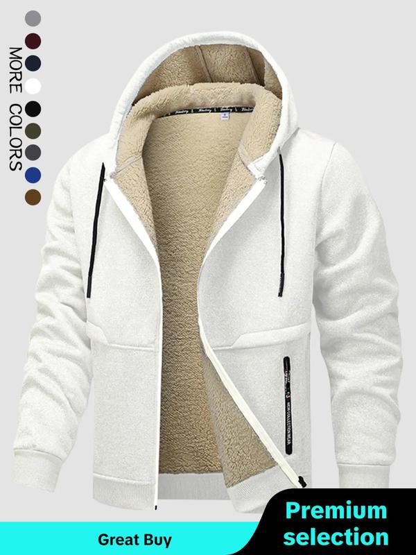 Men's Thermal Lined Zip Up Hooded Jacket, Fall Outfits, Regular Fit Casual Long Sleeve Drawstring Pocket Zipper Outerwear for Fall, Jackets for Men 2024, Men's Clothes for Daily Wear