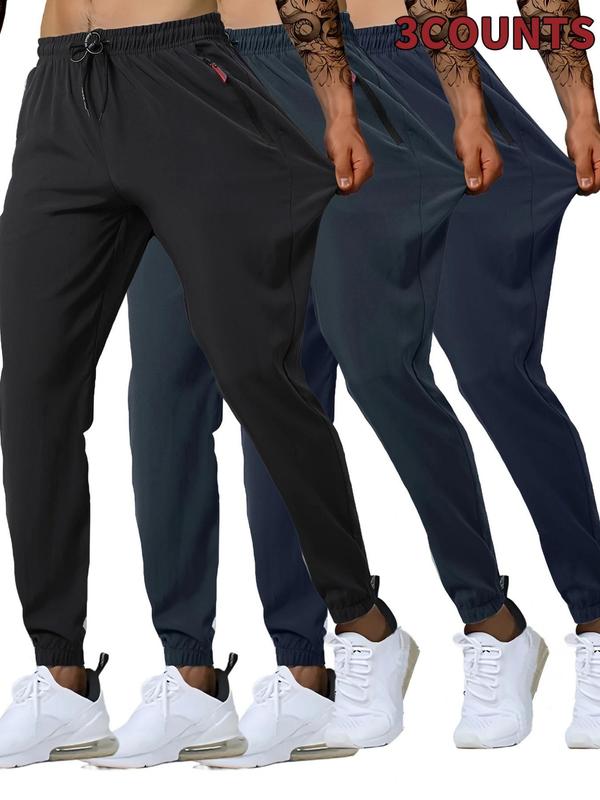 Men's Solid Drawstring Waist Pants, Casual Comfy Zipper Pocket Trousers for Daily Wear, Men's Bottoms for All Seasons