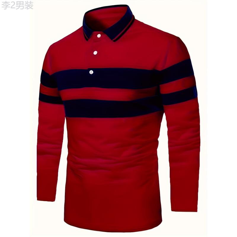 Casual Men's All-match Color Block Long Sleeve Lapel Golf Shirt, Spring Fall Sports Fabric Menswear