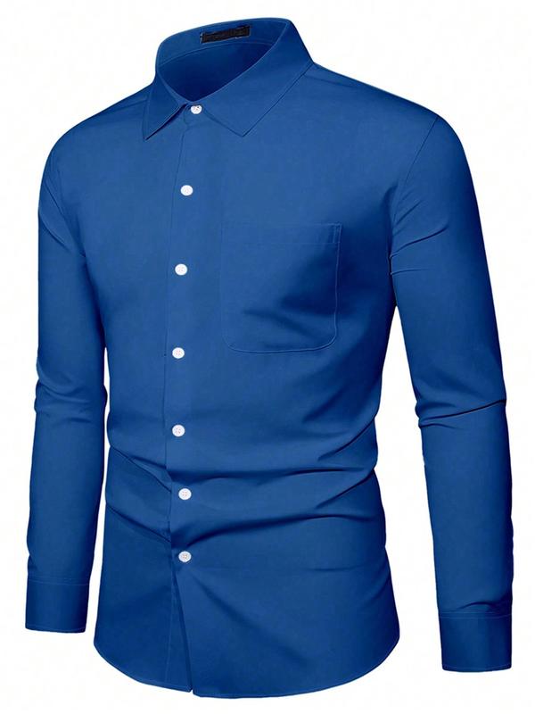 Men's Solid Color Button Front Pocket Dress Shirt, Regular Fit Casual Long Sleeve Collared Top for All Seasons, Men's Clothes for Daily Wear