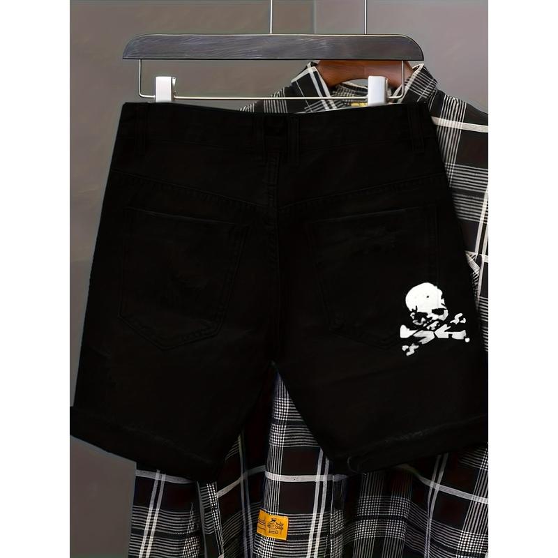 New-Stylish Skull Graphic Ripped Denim Shorts - Men's Casual Cotton Blend Jorts with Pockets for Summer Outdoor Activities, Comfortable and Breathable Menswear Jeans Polyester Print