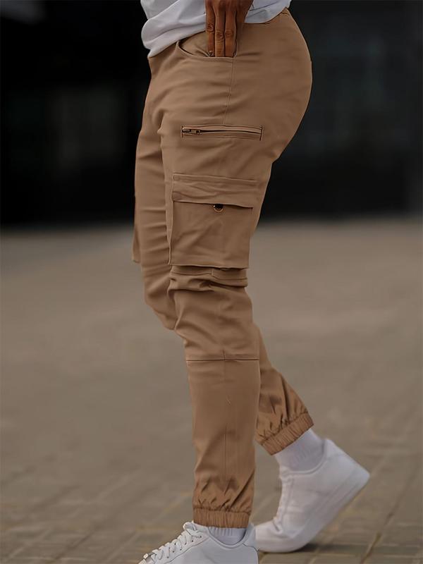 Men's Solid Flap Pocket Cargo Pants, Slim Casual Street Elastic Waist Trousers for Fall & Winter, Pants for Men, Men's Bottoms for Daily Wear