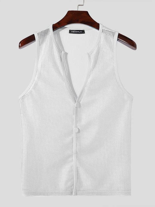 Men's Solid Color Mesh Vest, Regular Fit Casual Sleeveless Button Front Tank Top for Summer, Men's Clothes for Daily Wear