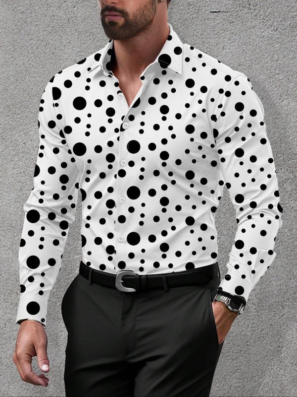 Men's Polka Dot Print Button Front Shirt, Regular Fit Casual Long Sleeve Collared Top for Spring & Fall, Men's Clothes for Daily Wear