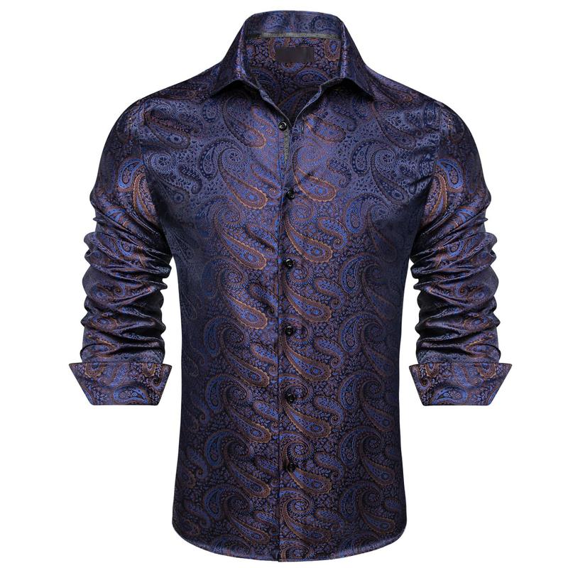 Mens Long Sleeve Deep Blue Brown Jacquard Paisley Top Collar Casual