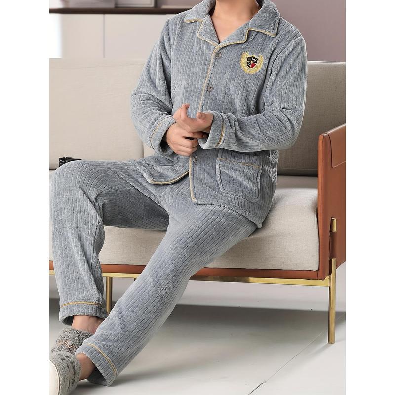 Men's Comfortable Flannel Pajamas Suit-Casual Lapel Long Sleeve Top with Pockets, with Loose Solid Color Trousers-100% Polyester Fiber Knitted Fabric, Suitable for Autumn and Winter, Thick