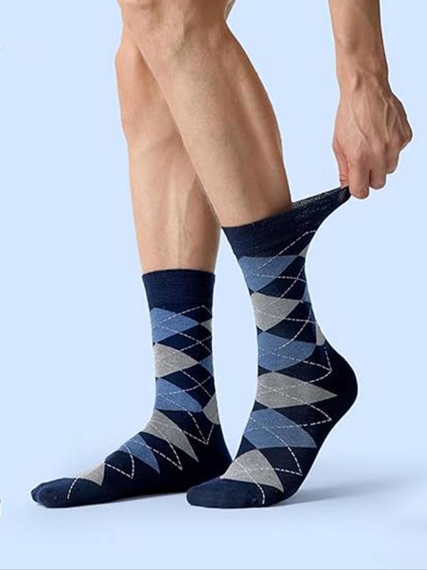 Men's Solid Color & Plaid Print Mid-calf Socks, Casual Comfy Breathable Socks for Daily Wear, Men's Socks for All Seasons