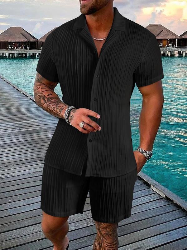 2 Pieces Men's Outfits Set, Regular Fit Solid Textured Button Shirt & Drawstring Waist Shorts, Back-to-school Clothing, Casual Boho Summer Outfits for Beach Vacation Outdoor, Fall Outfits 2024