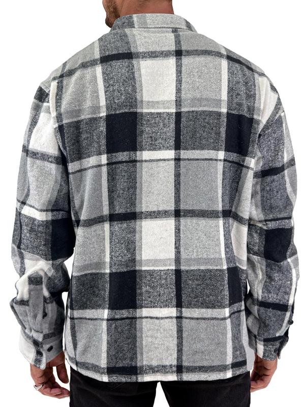 Men's Plaid Print Button Front Flannel Shirt, Regular Fit Casual Long Sleeve Collared Pocket Top for Fall & Winter, Men's Clothes for Daily Wear