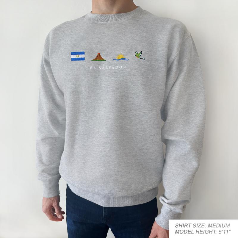 El Salvador Embroidery Sweatshirt, Cozy, Soft Gray, Torogoz, Volcano, Beach, Ocean, Surf, Pupusa, Flag, Emoji, Symbol, Gift, Stitch Crewneck