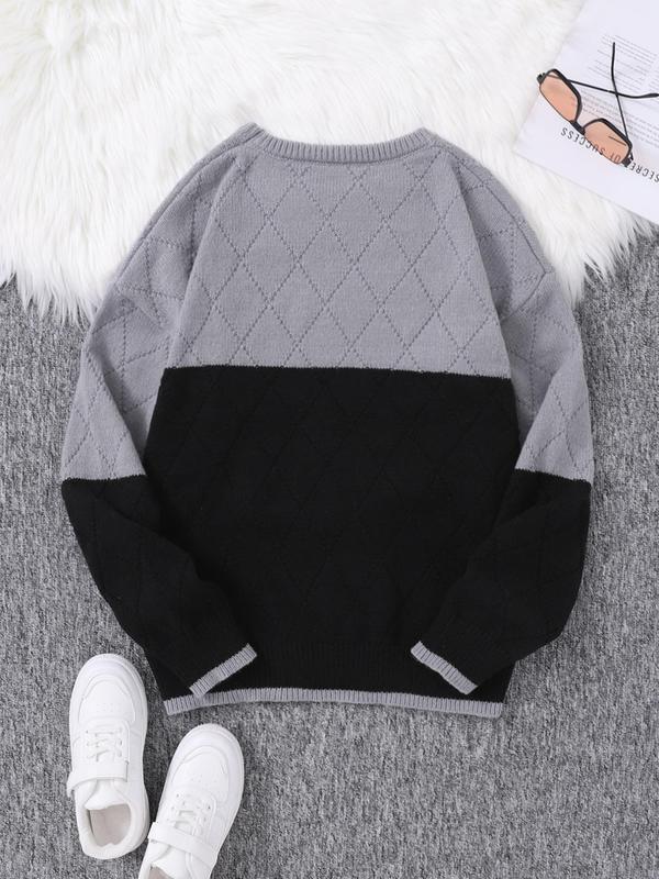 Men's Patchwork Argyle Print Drop Shoulder Sweater, Regular Fit Casual Long Sleeve Round Neck Jumper for Fall & Winter, Fashion Men's Knitwear for Daily Wear, Fall Outfits, Fallfreshness