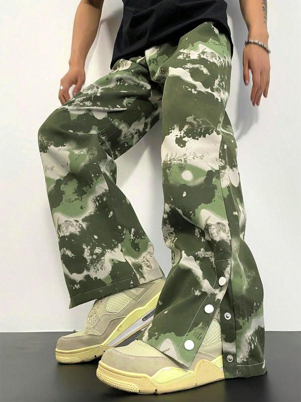 Menswear Loose Camo Tree Print Drawstring Waist Pants, Casual Street Fashion Button Design Pocket Trousers for Daily Wear, Mens Bottoms for All Seasons, Earthtone Fallfreshness, Fall Gift