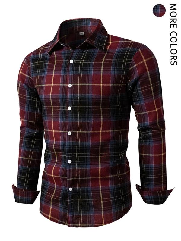 Men's Plaid Print Button Front Shirt, Regular Fit Casual Long Sleeve Collared Top for Fall & Winter, Men's Clothes for Daily Wear