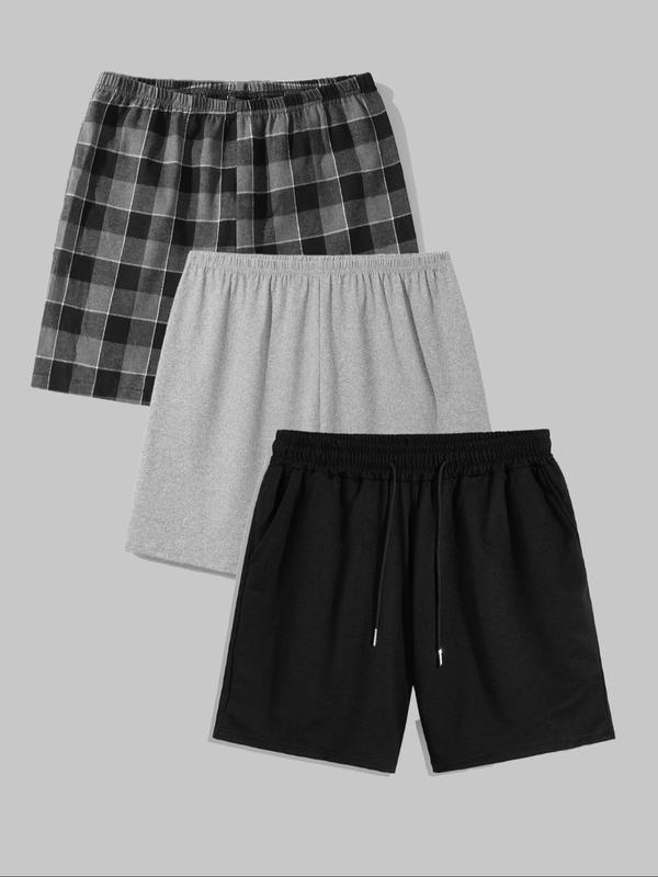 Men's Plain & Plaid Print Drawstring Waist Pocket Lounge Shorts, Regular Fit Casual Comfy Elastic Waist Sleep Shorts, Men Summer Sleep Bottoms