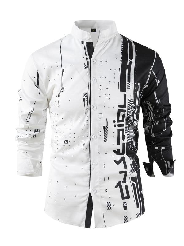 Men's Print Button Front Shirt, Casual Long Sleeve Collared Top for All Seasons, Fashion Men's Clothes for Daily Wear