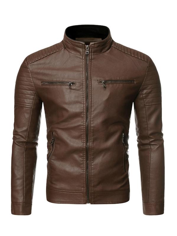 Men's Solid Zip Up Mock Neck Faux Leather Winter Jacket, Slim Casual Long Sleeve Outerwear for Fall & Winter, Men's Clothes for Daily Wear