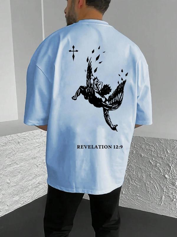 Unisex Men's Summer Angel & Letter Print Round Neck Drop Shoulder Tee, Men's Summer Tops for Daily Wear, Loose Graphic Streetwear Short Sleeve Crew Neck T-shirt, Back To School Graphic Tees