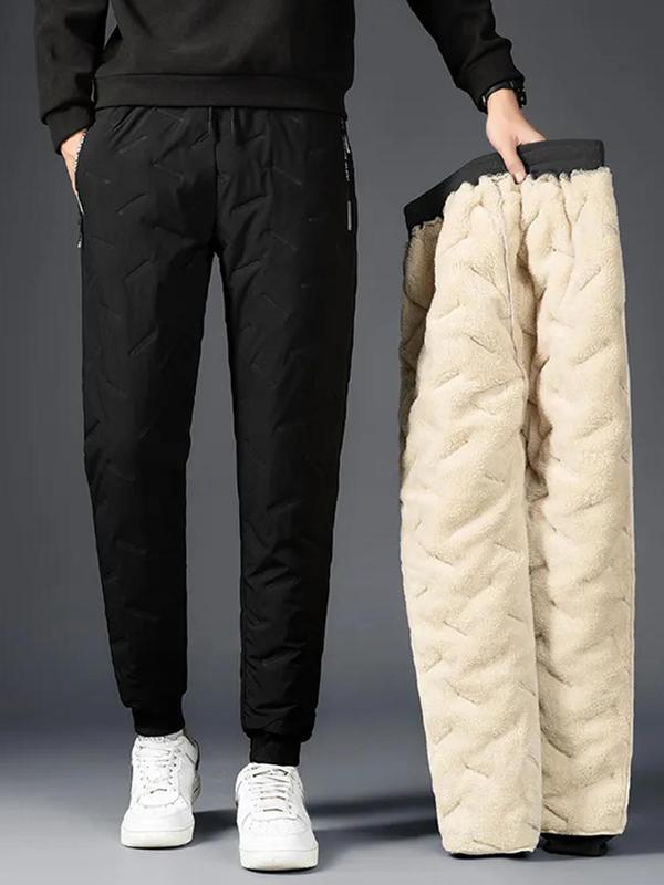 Men's Letter Graphic Drawstring Warm Pants, Fashion Plain Zipper Thermal Lined Trousers, Men Bottoms, Cozy Winter Outfits, Please Purchase A Size Up