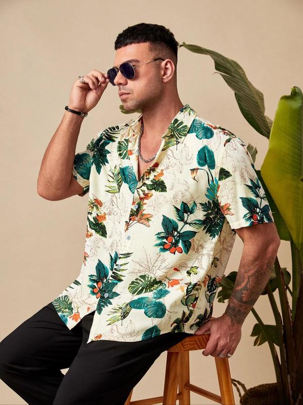  Men's Plants Print Button Front Shirt, Casual Loose Short Sleeve Collared Top for Summer, Men's Clothes for Beach Vacation