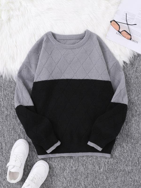 Men's Patchwork Argyle Print Drop Shoulder Sweater, Regular Fit Casual Long Sleeve Round Neck Jumper for Fall & Winter, Fashion Men's Knitwear for Daily Wear, Fall Outfits, Fallfreshness