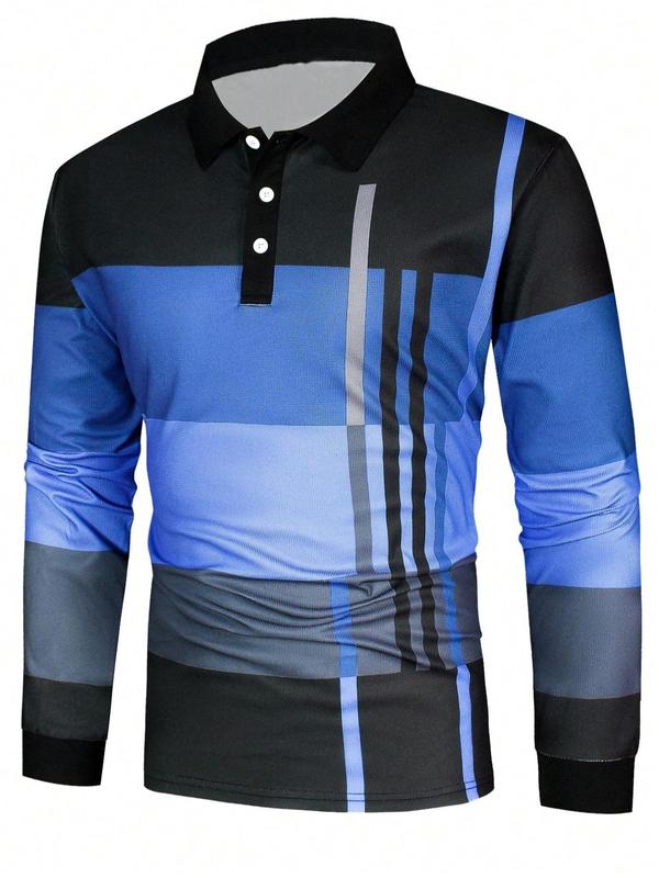 Men's Patchwork Print Half Button Polo Shirt, Regular Fit Casual Long Sleeve Collared Top, Streetwear, Menswear for Daily Wear