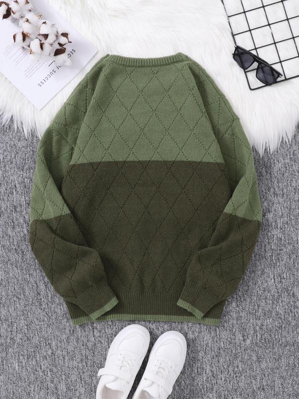 Men's Patchwork Argyle Print Drop Shoulder Sweater, Regular Fit Casual Long Sleeve Round Neck Jumper for Fall & Winter, Fashion Men's Knitwear for Daily Wear, Fall Outfits, Fallfreshness