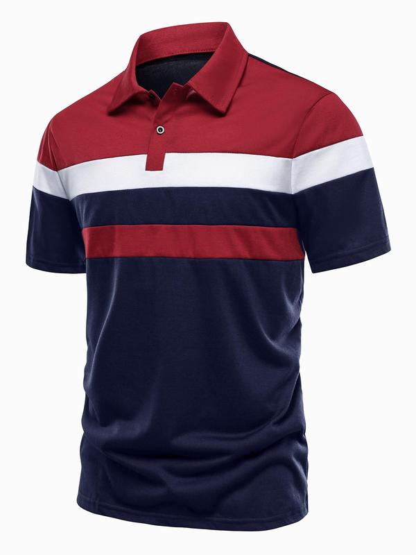 Men's Colorblock Striped Print Short Sleeve Polo Shirt, Regular Fit Casual Fashion Button Collared Top for Summer, Men's Clothes for Daily Wear