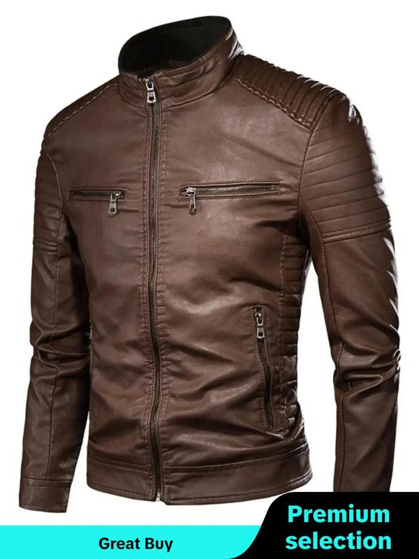 Men's Solid Zip Up Mock Neck Faux Leather Winter Jacket, Slim Casual Long Sleeve Outerwear for Fall & Winter, Men's Clothes for Daily Wear