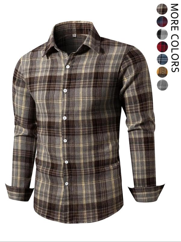 Men's Plaid Print Button Front Shirt, Regular Fit Casual Long Sleeve Collared Top for Fall & Winter, Men's Clothes for Daily Wear