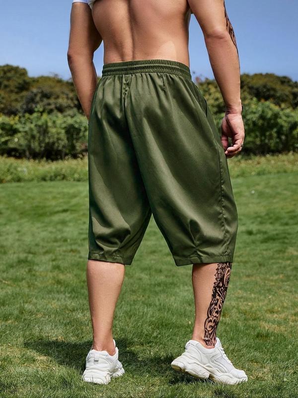  Men's Plain Pocket Drawstring Waist Capri Pants, Regular Fit Fashion Casual Cargo Trousers for Summer, Men's Bottoms for Daily Wear