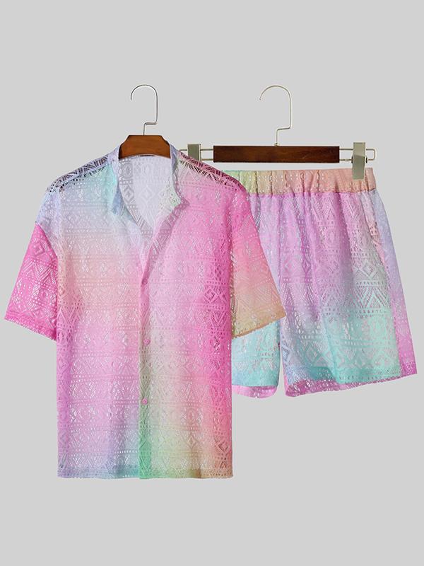 Two-Piece Set Men's Ombre Print Button Front Shirt & Shorts Set, Loose Casual Drop Shoulder Short Sleeve Top & Sheer Shorts for Summer, Men's Two-piece Outfits for Daily Wear, 90s Clothes