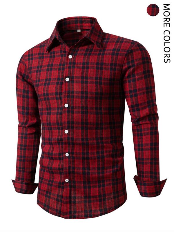 Men's Plaid Print Button Front Shirt, Regular Fit Casual Long Sleeve Collared Top for Fall & Winter, Men's Clothes for Daily Wear