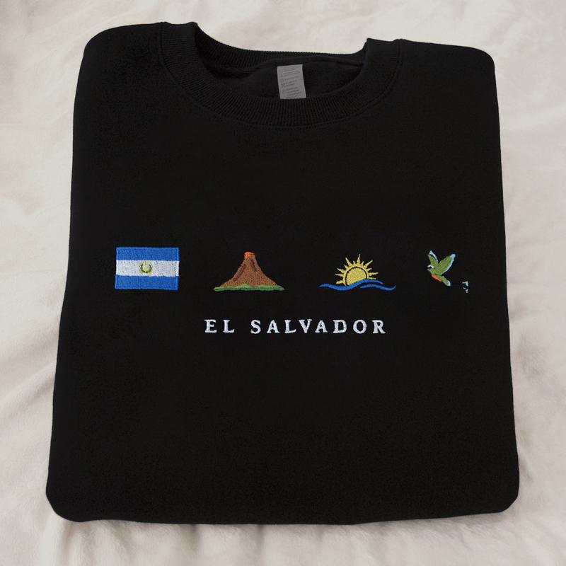 El Salvador Embroidery Sweatshirt, Cozy, Soft Gray, Torogoz, Volcano, Beach, Ocean, Surf, Pupusa, Flag, Emoji, Symbol, Gift, Stitch Crewneck