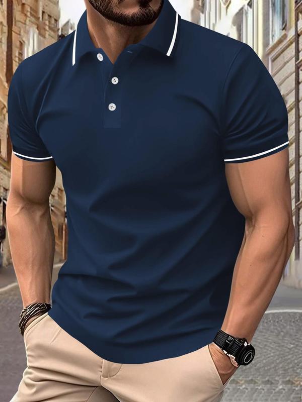 Men's Regular Fit Contrast Binding Short Sleeve Polo Shirt, Casual Half Button Collared Top for Summer, Fashion Men's Streetwear for Daily Wear