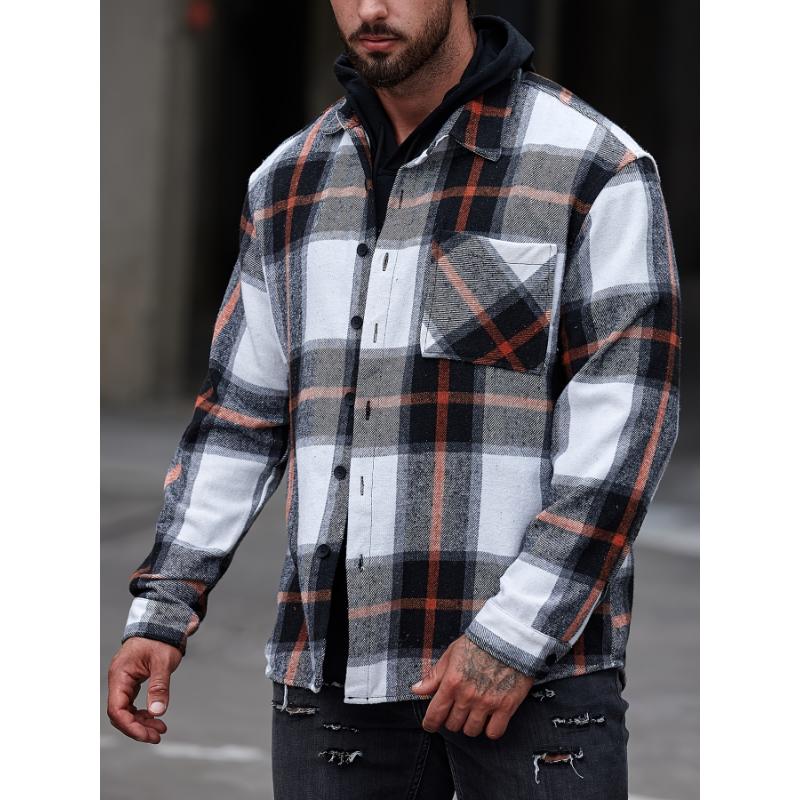 Men's Plaid Casual Shirt - Young Adult Men - Plaid, Tops, Long Sleeve, Lapel, Button, Regular, Casual, Polyester, Non-Stretch, No, Woven - Suitable for Office, Casual Outing, Everyday Wear zip sweatshirt polo collar shirt