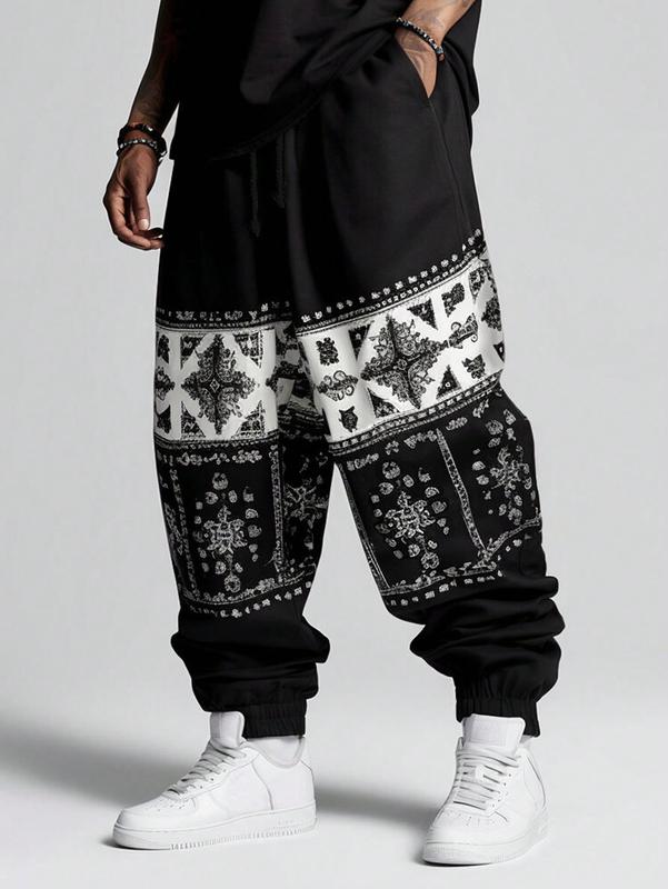 Paisley Print Drawstring Waist Baggy Sweatpants Y2K Loose Wide Leg Long Pants with Pocket