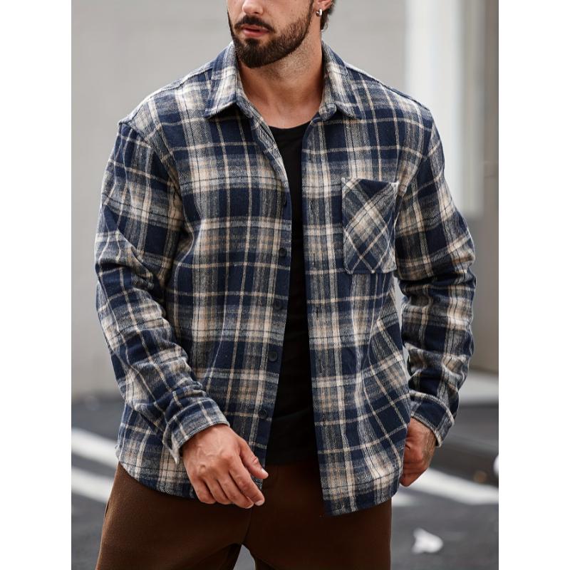 Men's Plaid Casual Shirt - Young Adult Men - Plaid, Tops, Long Sleeve, Lapel, Button, Regular, Casual, Polyester, Non-Stretch, No, Woven - Suitable for Office, Casual Outing, Everyday Wear zip sweatshirt polo collar shirt