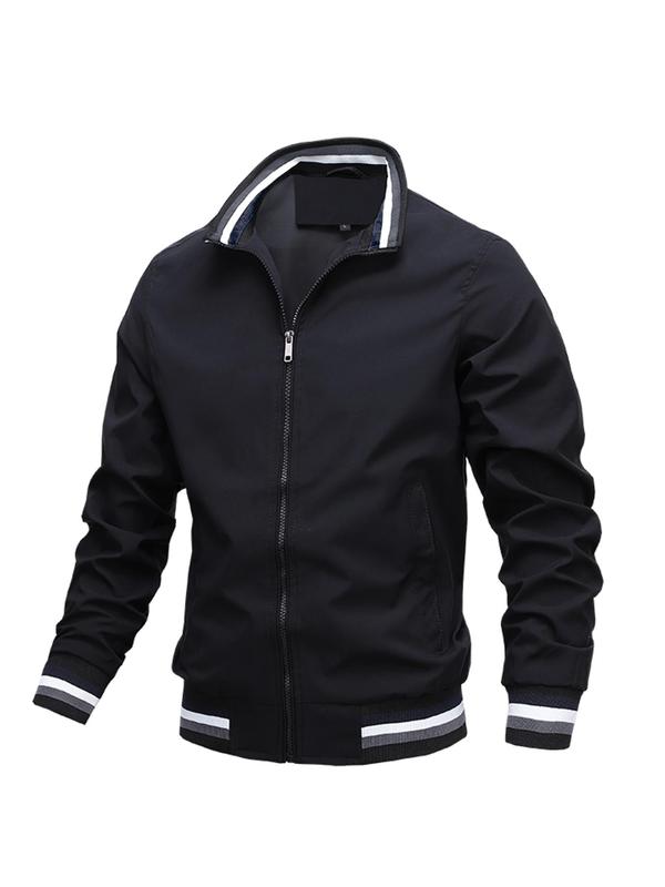 Men's Solid Color Pocket Zipper Jacket, Regular Fit Casual Long Sleeve Collared Outerwear for Spring & Fall, Fashion Men's Clothes for Daily Wear