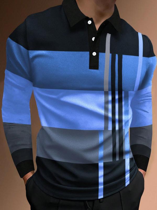 Men's Patchwork Print Half Button Polo Shirt, Regular Fit Casual Long Sleeve Collared Top, Streetwear, Menswear for Daily Wear