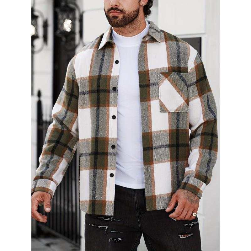 Men's Plaid Casual Shirt - Young Adult Men - Plaid, Tops, Long Sleeve, Lapel, Button, Regular, Casual, Polyester, Non-Stretch, No, Woven - Suitable for Office, Casual Outing, Everyday Wear zip sweatshirt polo collar shirt