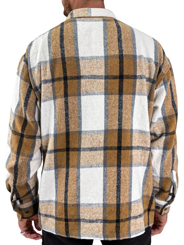 Men's Plaid Print Button Front Flannel Shirt, Regular Fit Casual Long Sleeve Collared Pocket Top for Fall & Winter, Men's Clothes for Daily Wear