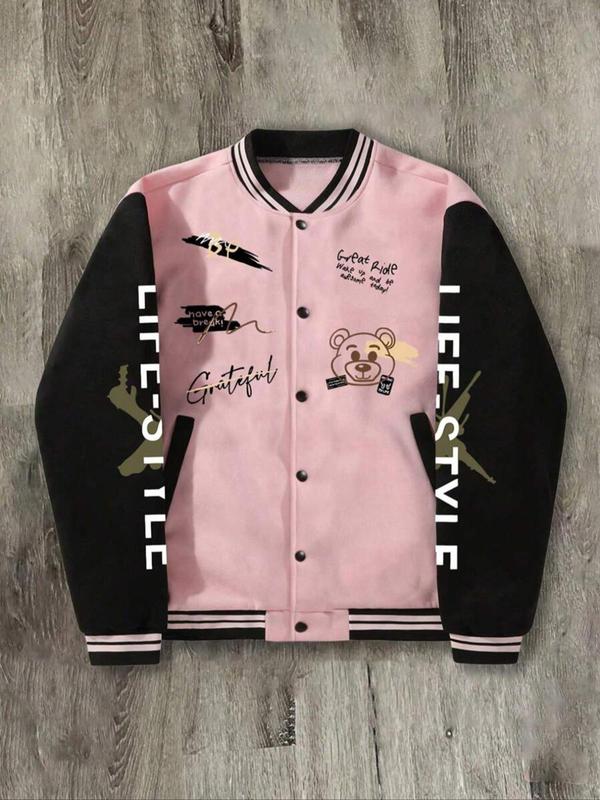 Men's Cartoon Bear & Letter Print Drop Shoulder Varsity Jacket without Hoodie, Loose Casual Long Sleeve Button Front Outerwear for Fall & Winter, Men's Clothes for Daily Wear