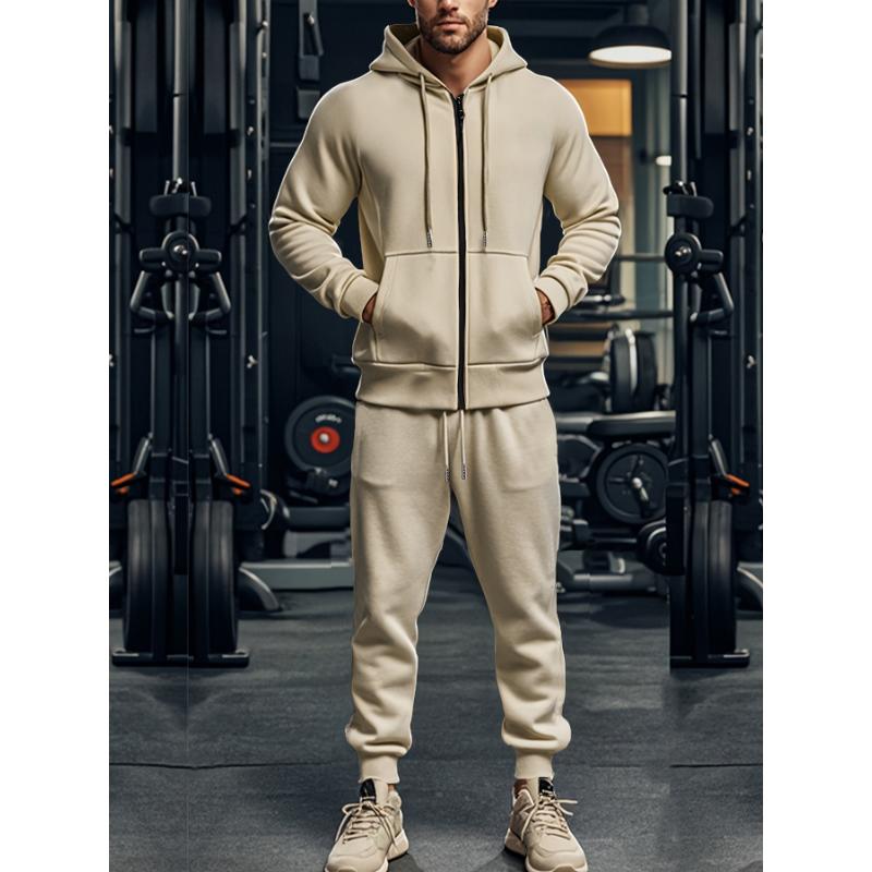 2-piece Solid Color Men's Athletic Tracksuit Set, Casual Long Sleeve Zip Up Hoodie With Drawstring And Jogging Pants Set For Gym Workout Running