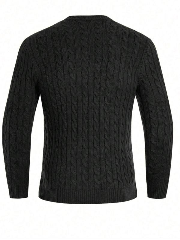 Men's Solid Twist Textured Round Neck Sweater, Regular Fit Casual Long Sleeve Cable Knit Jumper for Fall & Winter, Men's Knitwear for Daily Wear