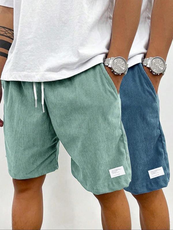 Men's Solid Patched Drawstring Waist Shorts, Regular Fit Casual Pocket Elastic Waist Shorts for Summer, Men's Bottoms for Daily Wear