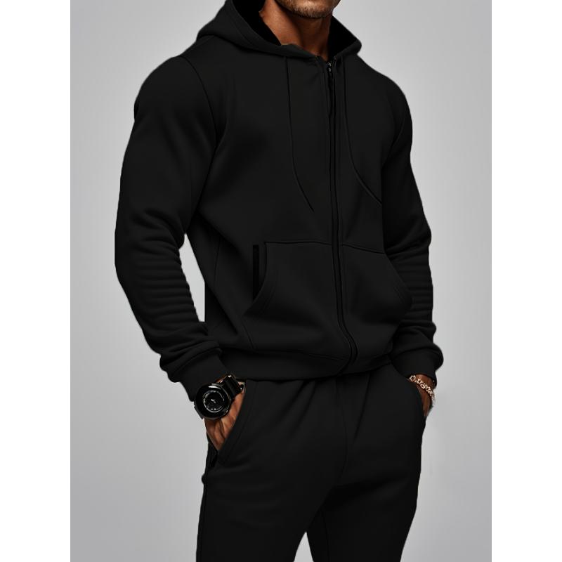 2-piece Solid Color Men's Athletic Tracksuit Set, Casual Long Sleeve Zip Up Hoodie With Drawstring And Jogging Pants Set For Gym Workout Running