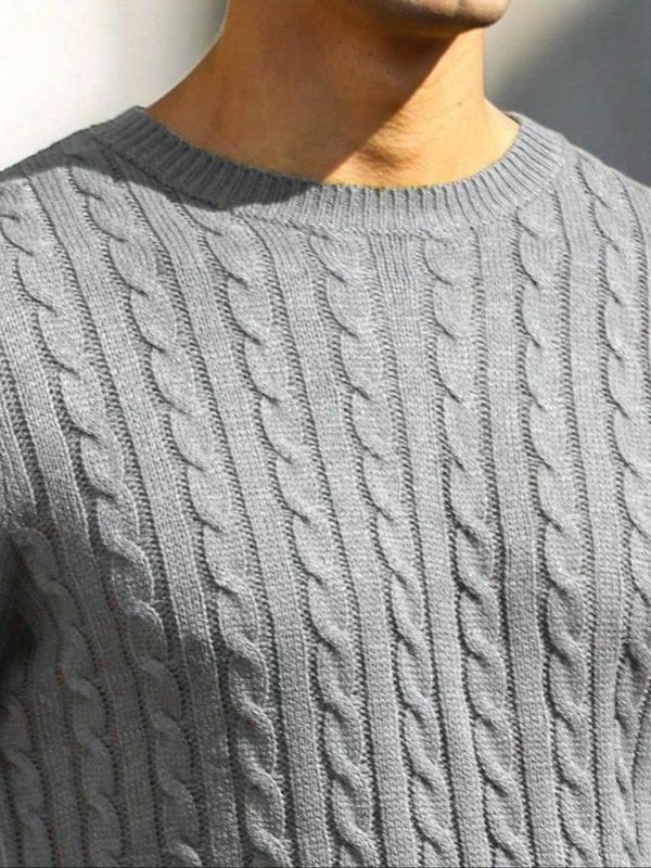 Men's Solid Twist Textured Round Neck Sweater, Regular Fit Casual Long Sleeve Cable Knit Jumper for Fall & Winter, Men's Knitwear for Daily Wear