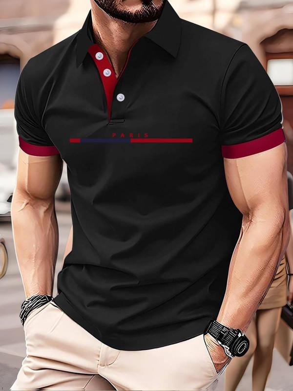 Men's Patchwork & Letter Graphic Half Placket Polo Shirt, Regular Fit Casual Short Sleeve Button Front Collared Top for Summer, Fashion Men's Clothes for Daily Wear