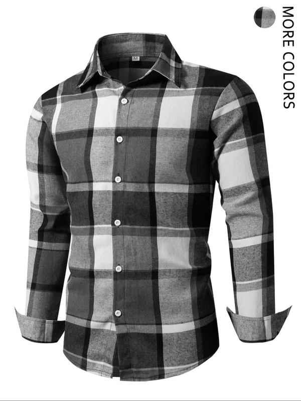 Men's Plaid Print Button Front Shirt, Regular Fit Casual Long Sleeve Collared Top for Fall & Winter, Men's Clothes for Daily Wear